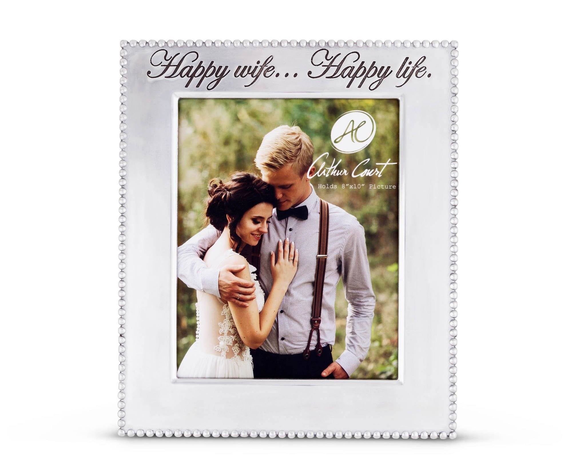 Beaded Polished Aluminum 'Happy Wife Happy Life' Picture Frame by Arthur Court Designs 8 x 10 Photo Frame Perfect wedding gift / Valentine frame