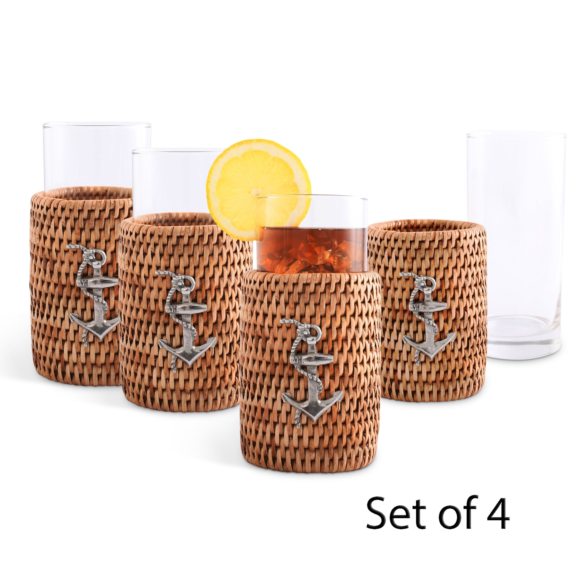Vagabond House Anchor Drinking Glass Covered with Hand Woven Wicker Rattan - Set of 4 Product Image