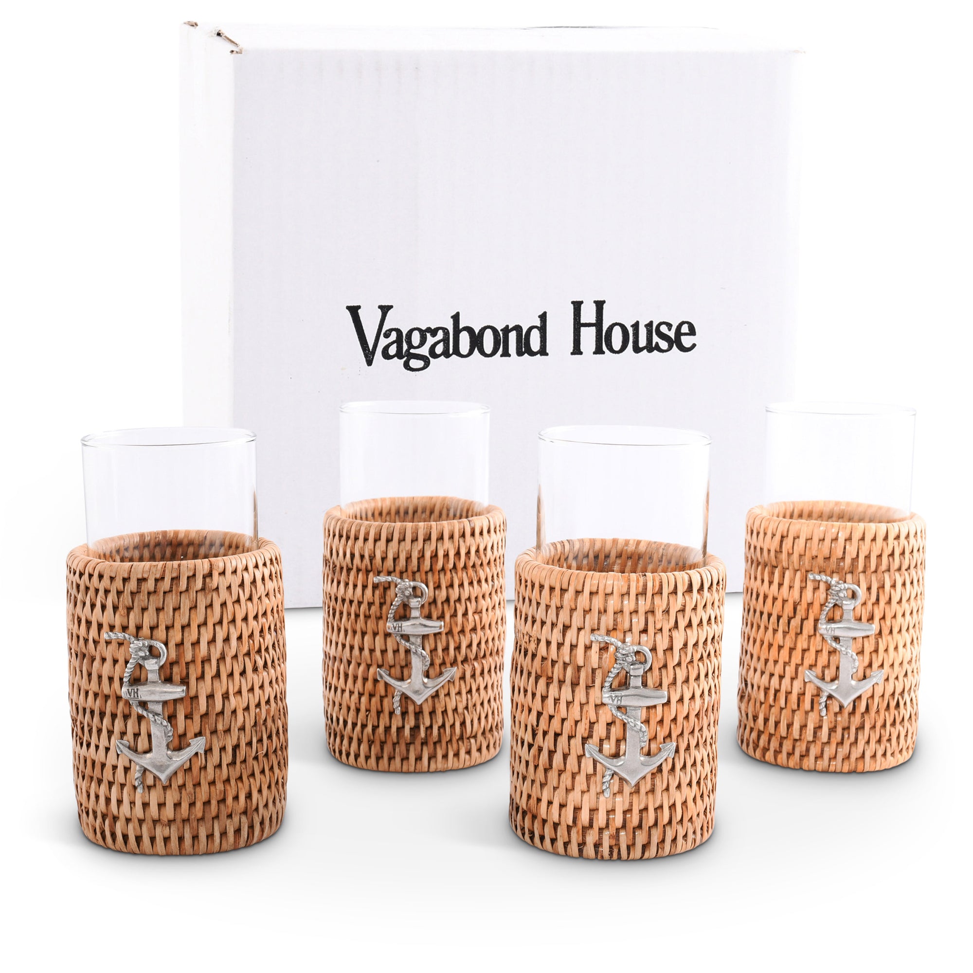 Vagabond House Anchor Drinking Glass Covered with Hand Woven Wicker Rattan - Set of 4 Product Image