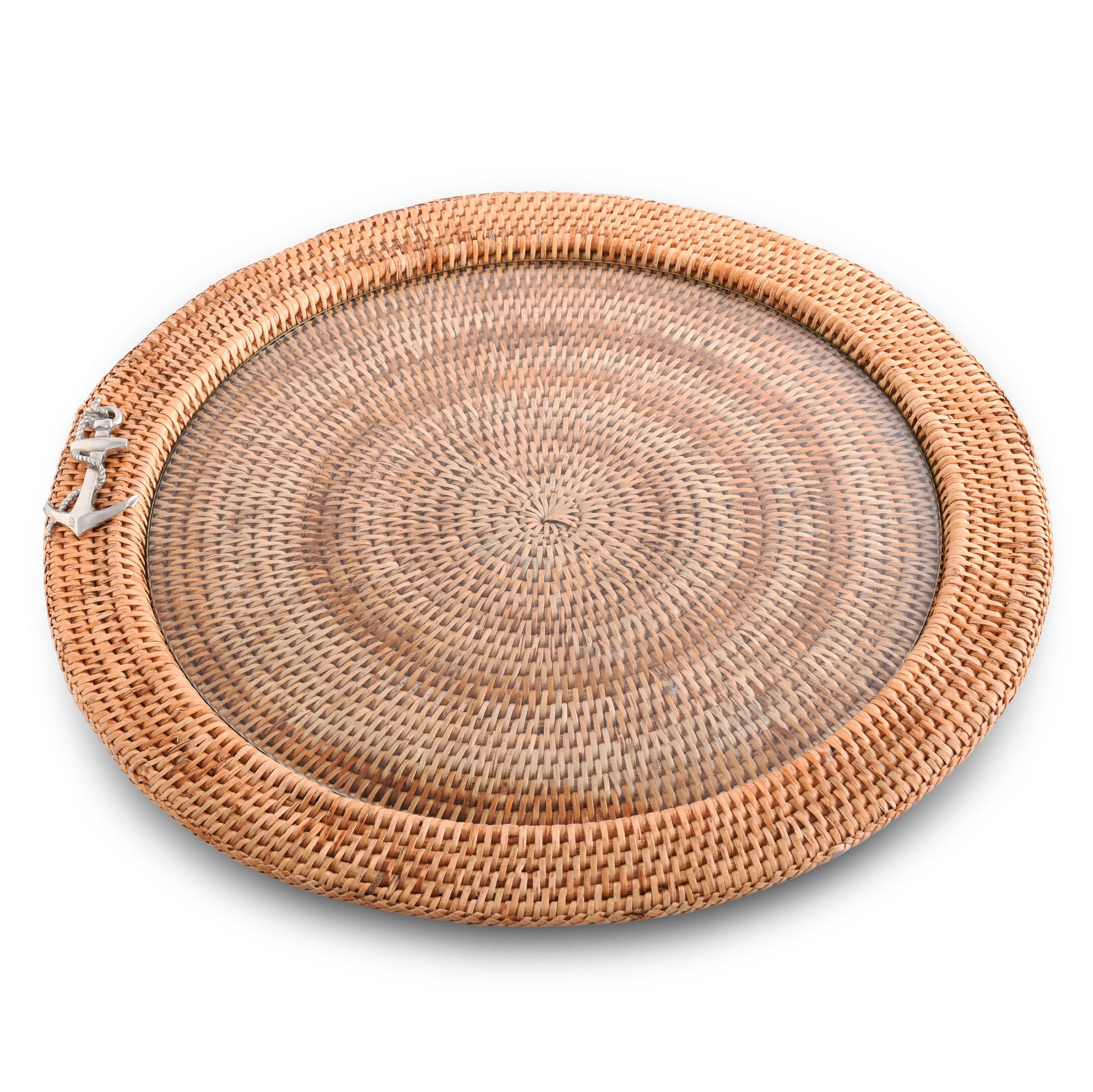 Vagabond House Anchor Round Serving Tray Hand Woven Wicker Rattan - Glass Insert Product Image