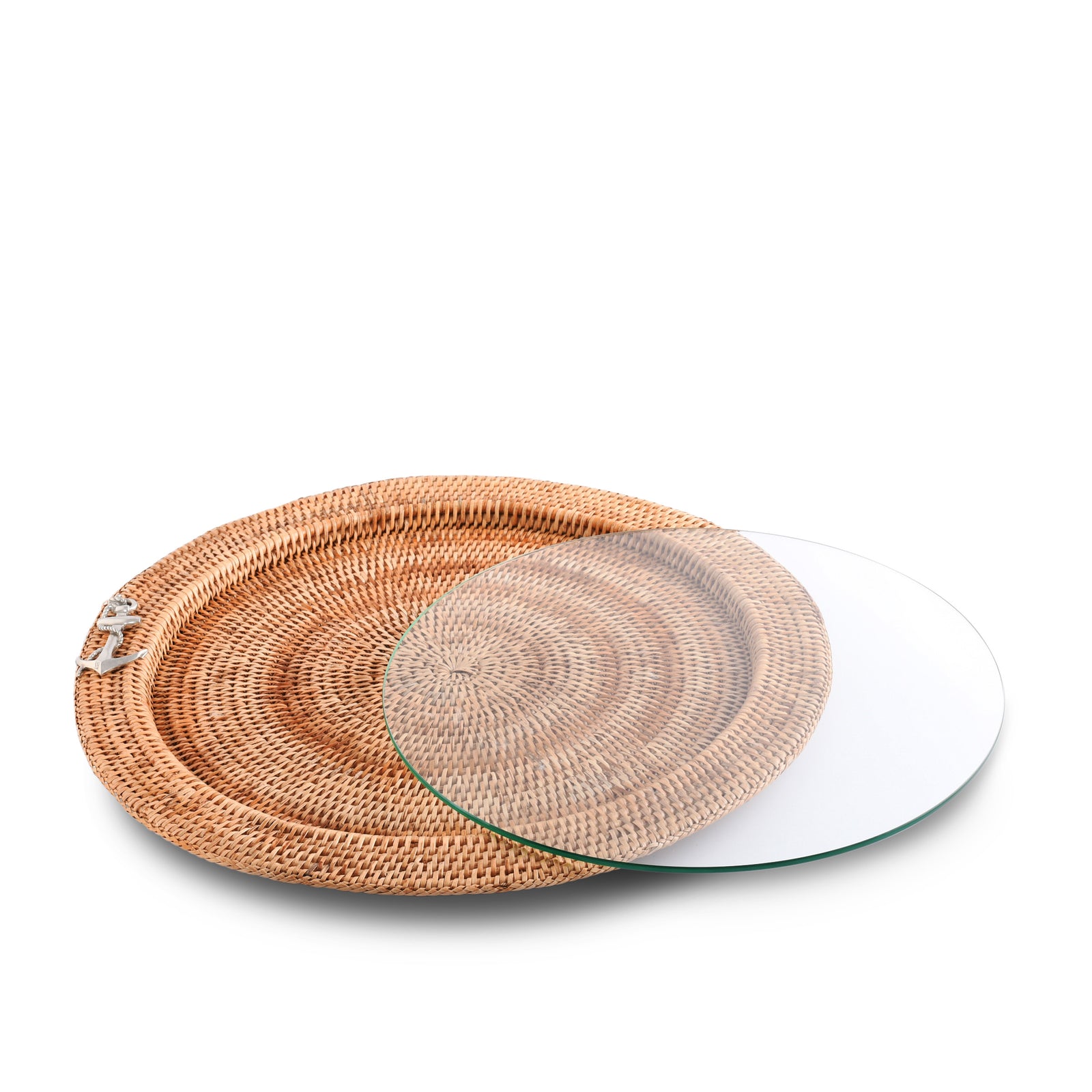 Vagabond House Anchor Round Serving Tray Hand Woven Wicker Rattan - Glass Insert Product Image