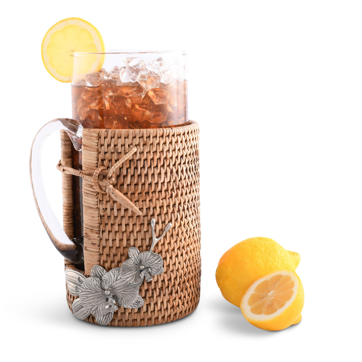 Vagabond House Orchid Glass Pitcher Hand Woven Wicker Natural Rattan Cover Product Image