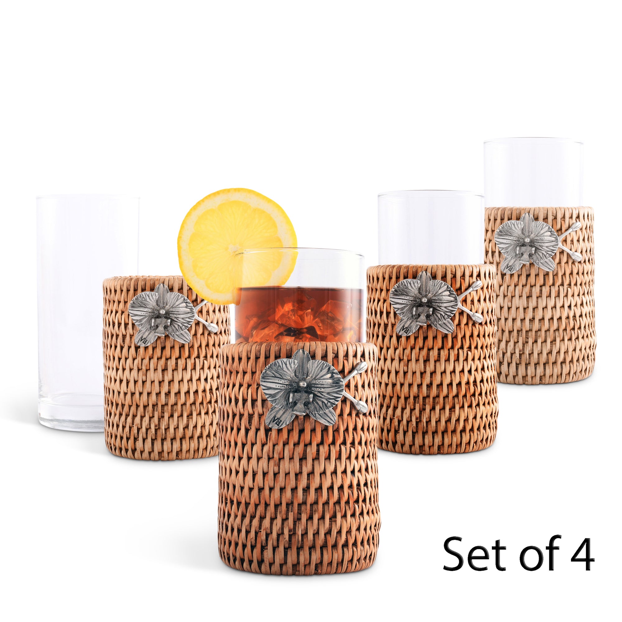 Vagabond House Orchid Drinking Glass Covered with Hand Woven Wicker Rattan - Set of 4 Product Image