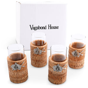 Orchid Drinking Glass Covered with Hand Woven Wicker Rattan - Set of 4