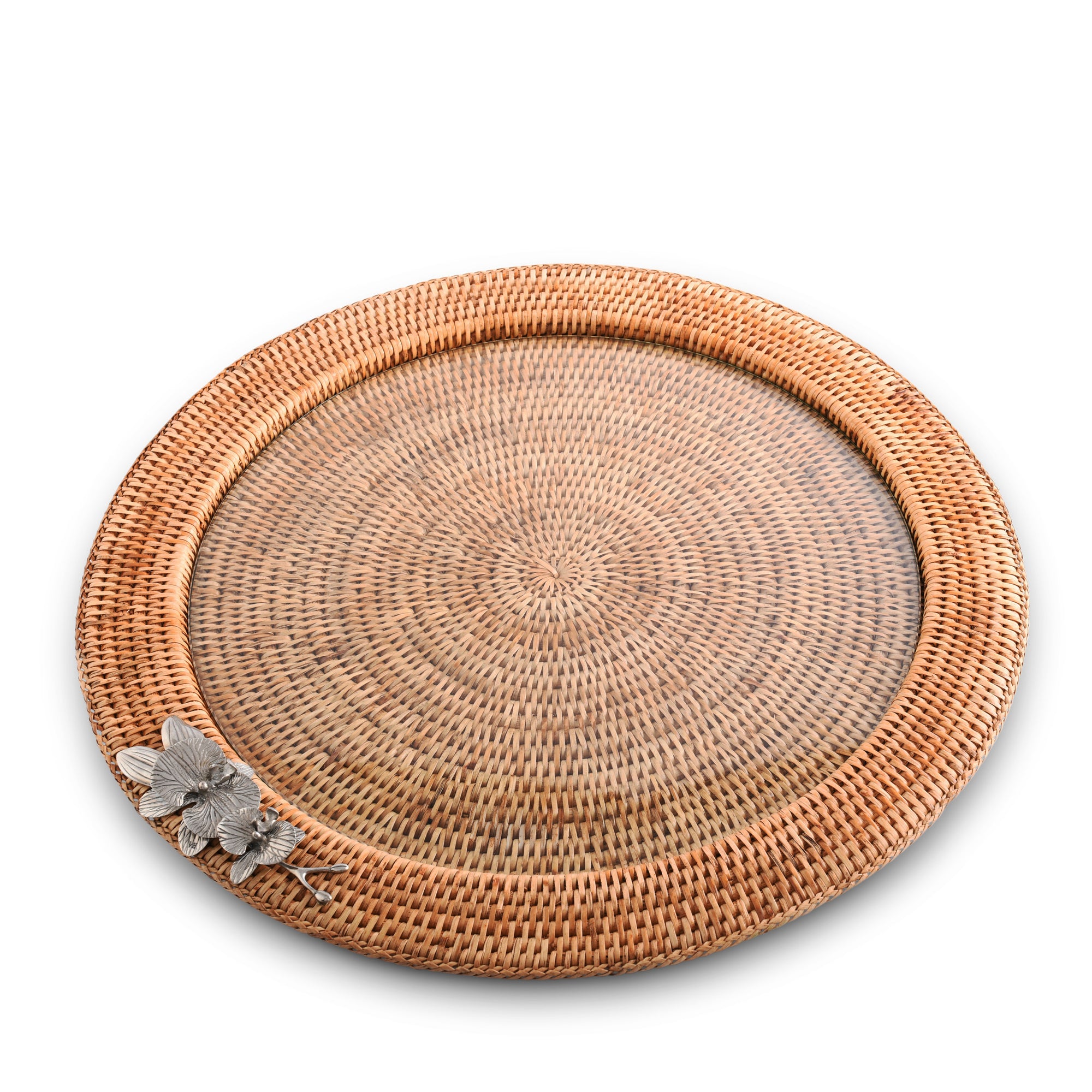 Vagabond House Orchid Round Serving Tray Hand Woven Wicker Rattan - Glass Insert Product Image