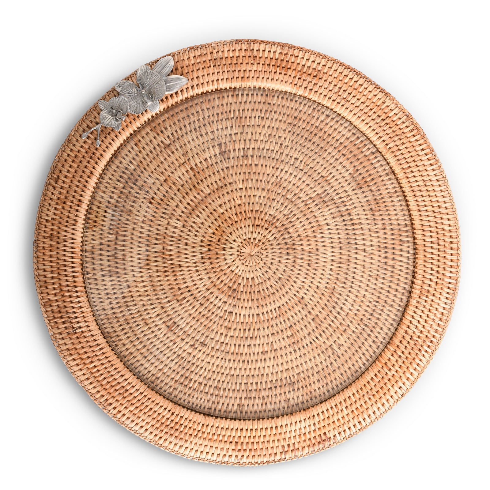 Vagabond House Orchid Round Serving Tray Hand Woven Wicker Rattan - Glass Insert Product Image