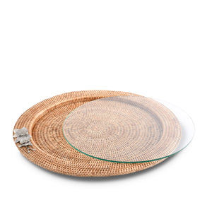 Orchid Round Serving Tray Hand Woven Wicker Rattan - Glass Insert