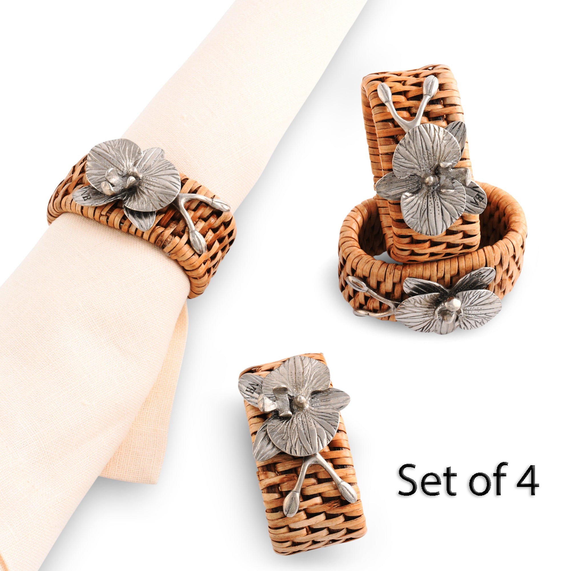 Vagabond House Orchid Hand Woven Wicker Rattan Napkin Ring - Set of 4 Product Image