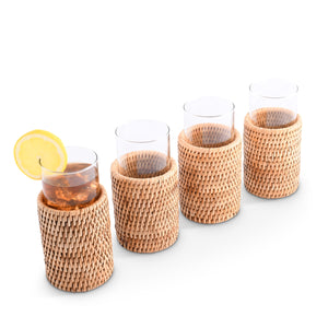Drinking Glass Covered with Hand Woven Wicker Rattan - Set of 4