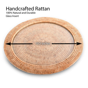 Round Serving Tray Hand Woven Wicker Rattan - Glass Insert